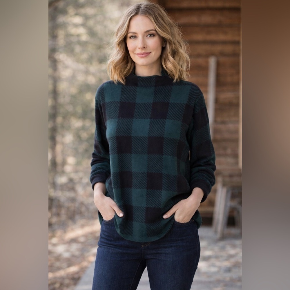 Anne Klein Buffalo Plaid Sweater Mock Neck Green Black Knit Top Size L - Picture 1 of 7